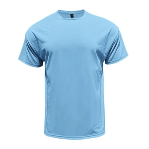 Detailed flat lay of light blue men's crew neck cotton t-shirt with soft texture