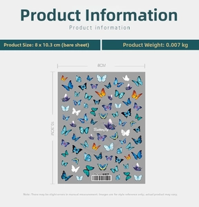 Detailed butterfly nail stickers 8x10.3cm sheet with colorful winged patterns