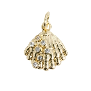 Golden seashell charm pendant with inlaid crystals and top ring for DIY jewelry making