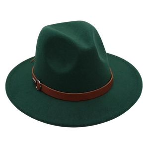 Detailed view of dark green fedora hat with brown leather band and silver ring buckle
