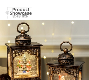 Detail of vintage bronze Christmas lanterns with LED lights and rotating snowman snow globe