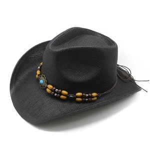 Schwarzer Cowboy-Strohhut im Western-Stil mit Türkis-Ornament und Holzperlenband