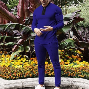 Men's two-piece blue waffle knit tracksuit with zipper collar sweatshirt and joggers