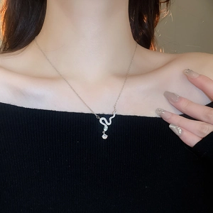 Detailed view of a silver snake pendant necklace with sparkling rhinestones on the model