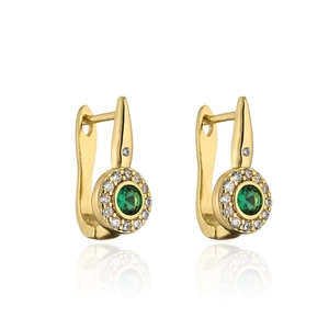 Macro detail of 18K gold plated earrings with green gems and white zircon paving