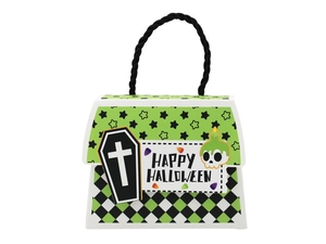 Close-up of green Halloween candy box with black handles and Happy Halloween text