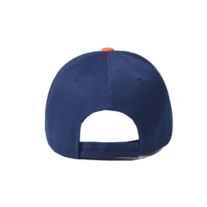 Rear view of navy cotton baseball cap with adjustable strap and orange top button detail