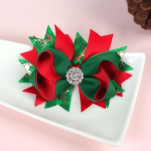 Christmas bow hair clips with gold reindeer patterns and rhinestones for girls