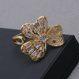 Adjustable gold butterfly open ring with micro-paved white cubic zirconia for women