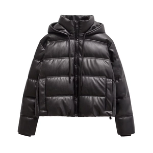Detail of hooded PU leather jacket featuring quilted texture and dual front zippers