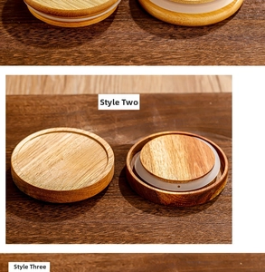 Close-up of bamboo lids with silicone rings for glass storage jars showing wood grain
