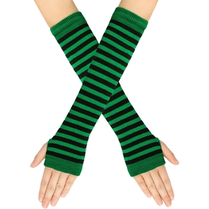 Close-up of green and black striped knitted fingerless arm sleeves shown on model