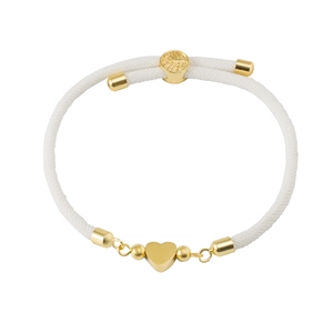 Detail of white Milan cord bracelet featuring a gold heart charm and adjustable slider buckle