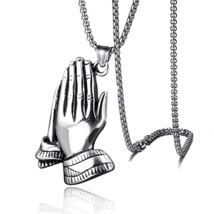 Silver stainless steel prayer hands pendant necklace with chain on white background