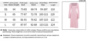Detailed sizing chart for women square neck long sleeve dress with waist and hip measurements