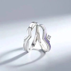Minimalist adjustable couple rings with silver wavy band and purple enamel detailing