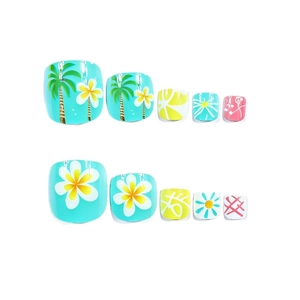 Glossy short toenails with tropical palm tree and plumeria floral designs for summer