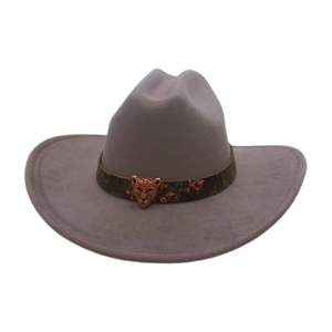 Vintage gray felt cowboy hat with leopard print band and bronze leopard head ornament