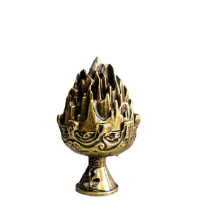 Antique brass alloy incense burner with mountainous lid and decorative base