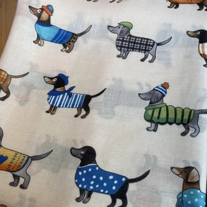 Artistic linen cotton scarf for women featuring colorful dachshund dog print and soft texture