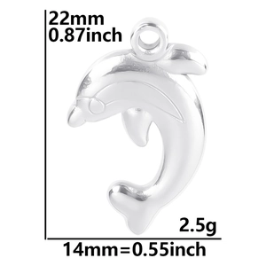 Polished stainless steel dolphin pendant necklace showing 22mm height and 14mm width