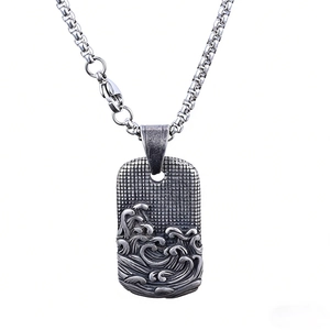 Collier pour hommes avec pendentif rectangulaire totem de vagues en acier inoxydable vintage