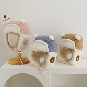 Kids Winter Warm Earflap Hat Lamb Wool Quilted Corduroy Thickened Windproof Cartoon Bear Pom Pom For Toddler Baby