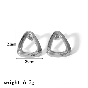 Detailed view of geometric hollow triangle earrings with 23mm height and 20mm width