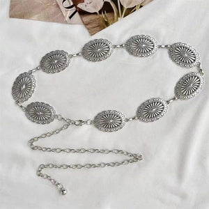 Cadena de cintura de metal plateado retro para mujeres, cinturón vintage, joyería corporal.