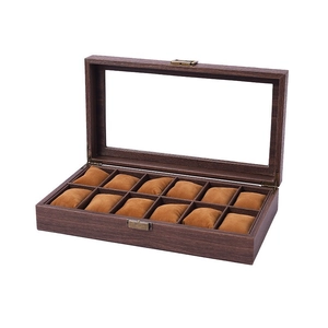 Vintage Uhrenbox mit 12 Fächern, Holzmaserung, Glasdeckel und Bronze-Metallschloss