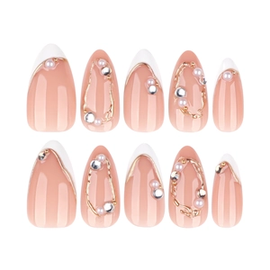 Elegant almond-shaped press-on nails with 3D pearls, rhinestones and golden accents