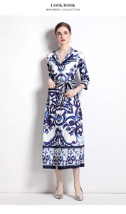 Detail of blue porcelain print maxi dress with shirt collar and waist belt detail