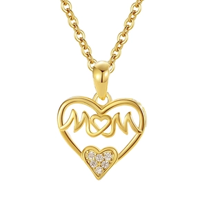 Polished S925 sterling silver heart MOM pendant necklace with sparkling micro-pave crystals