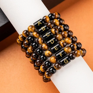 Handmade 10mm tiger eye stone beaded bracelets with golden alphabet letters for men