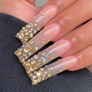 Ongles À Presser Cercueil Extra Longs De Luxe Strass Doré Dégradé Nude Brillant Faux Ongles Artificiels Amovibles Femmes