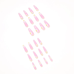 Pink jelly long coffin press-on nails set with delicate white daisy floral patterns