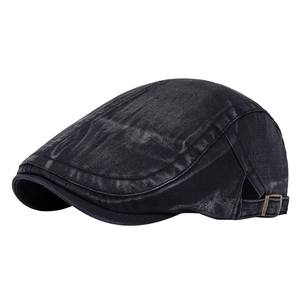 Classic black washed denim flat cap with adjustable side metal buckle in vintage style