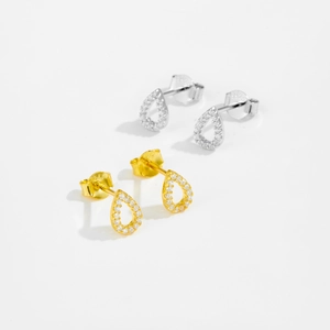 Detailed view of teardrop zircon earrings showing S925 silver hallmarks and finishes