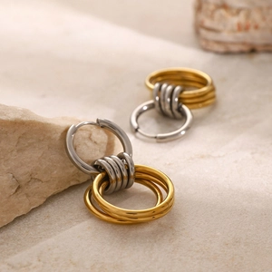 Polished 18K gold and silver two-tone stainless steel hoop earrings for women