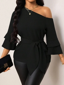 Women Plus Size Slant Neck Blouse Ruffle Layered Sleeve Belted Solid Elegant Textured Polyester Top