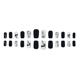 Chic 24pcs press-on nails with black white abstract face art and long oval shape