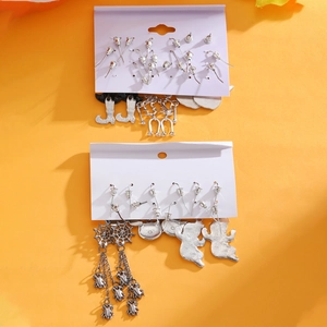 Silver Halloween earring set details showing back studs and assorted spooky charms