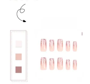 Detail of pink gradient press-on nails with white marble texture and glossy finish