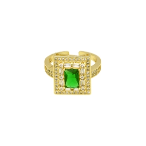 Detailed close-up of 18k gold plated ring featuring a large green emerald-cut zircon stone