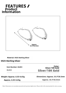 Detailed size and weight specs for irregular fluid S925 sterling silver hoop earrings