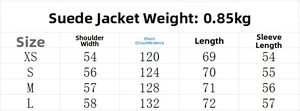 Size chart showing measurements for the thick faux suede fashion jacket in several sizes