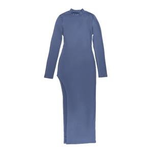 Detail of slim fit high neck dress in misty blue featuring a stylish side slit design