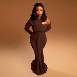 Elegant dark brown ruched off-shoulder long dress with long sleeves and bodycon fit