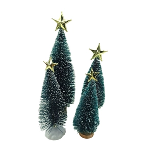 Set of 5 dark green bottle brush mini Christmas trees with gold stars and snow effect