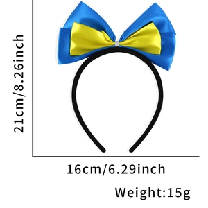 Blue and yellow bow headband dimensions showing 21cm height and 16cm width detail
